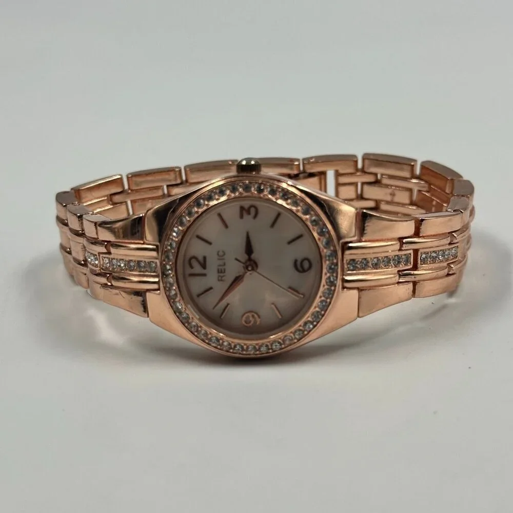 Relic Watch Women Rose Gold Tone Crystal Bezel 26MM Round New Battery 7 Inch